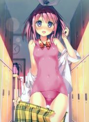 Rule 34 | 1girl, character request, covered navel, highres, kantoku, locker, locker room, one-piece swimsuit, original, pink hair, pink one-piece swimsuit, ponytail, purple eyes, school swimsuit, shiny clothes, skirt, solo, source request, swimsuit, swimsuit under clothes, third-party edit, undressing, unworn skirt