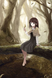 Rule 34 | 1girl, artist name, bare tree, barefoot, black skirt, blunt bangs, brown capelet, brown eyes, brown hair, capelet, closed mouth, commentary request, dated, dress, expressionless, flat chest, forest, fringe trim, full body, high-waist skirt, highres, hime cut, holding, holding leaf, kajiji, leaf, long hair, long sleeves, medium bangs, nature, opencanvas (medium), original, outdoors, pinafore dress, river, shirt, sidelocks, sitting, skirt, sleeveless, sleeveless dress, solo, tree, water, white shirt