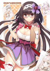 Rule 34 | 1girl, black hair, blush, breasts, brown hair, character name, character print, cleavage, elizabeth bathory (fate), elizabeth bathory (fate/extra ccc), elizabeth bathory (second ascension) (fate), fate/grand order, fate (series), fujimaru ritsuka (female), fujimaru ritsuka (male), glasses, gloves, gradient hair, hairband, hood, large breasts, long hair, looking at viewer, miyamoto musashi (fate), miyamoto musashi (third ascension) (fate), multicolored hair, nakamura hinato, osakabehime (fate), purple eyes, smile, solo, thighhighs, very long hair, white thighhighs