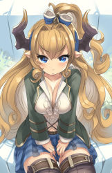 Rule 34 | 1girl, blonde hair, blue eyes, blush, breasts, casual, cleavage, collarbone, color 73, commentary request, draph, granblue fantasy, horns, large breasts, long hair, one side up, parted lips, plaid, plaid skirt, pleated skirt, pointy ears, razia, sitting, skirt, solo, thighhighs, v-shaped eyebrows, very long hair