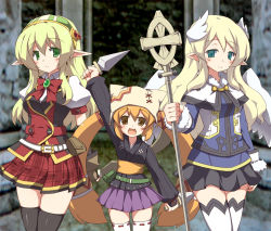 Rule 34 | 3girls, blonde hair, blue eyes, blush, bow, brown eyes, chikyuujin a, elf, female focus, green eyes, hat, knife, long hair, looking at viewer, multiple girls, open mouth, orange hair, outdoors, pointy ears, ribbon-trimmed legwear, ribbon trim, smile, staff, standing, thighhighs, twintails, uniform, weapon