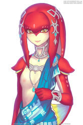 Rule 34 | 1girl, blush, breasts, colored skin, fins, fish girl, gofelem, jewelry, lips, looking at viewer, mipha, monster girl, nintendo, nipples, one breast out, red skin, simple background, small breasts, smile, the legend of zelda, the legend of zelda: breath of the wild, third-party edit, watermark, web address, white background, yellow eyes, zora