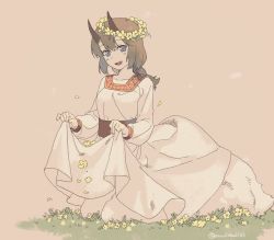 Rule 34 | 1girl, :d, blue eyes, brown hair, centauroid, clothes lift, dress, dress lift, grey background, head wreath, highres, horns, looking at viewer, low ponytail, monster girl, mullmull02, open mouth, original, red sash, sash, simple background, smile, solo, taur, twitter username, white dress