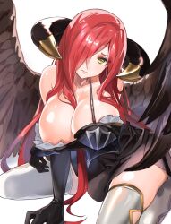 Rule 34 | 1girl, between breasts, between legs, black dress, black gloves, black wings, breasts, cleavage, closed mouth, collarbone, demon horns, dress, elbow gloves, feathered wings, frilled dress, frills, gloves, granblue fantasy, hair over eyes, head tilt, highres, horns, large breasts, leaning forward, long hair, looking at viewer, michikusa (bells michi), noire (granblue fantasy), noire (shingeki no bahamut), original, post guild war celebration, red hair, shiny skin, sitting, solo, strap, thighhighs, very long hair, wariza, white background, white thighhighs, wings, yellow eyes