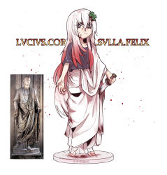 Rule 34 | 1girl, blood, blood on clothes, blue eyes, blue tunic, character name, cloak, dongsa wonhyong, fine art parody, gender request, genderswap, gladius, hair ornament, history, holding, holding sword, holding weapon, latin text, long hair, lucius cornelius sulla, original, parody, photo-referenced, photo inset, real life, reference inset, reference photo, solo, standing, statue, sword, tiptoes, very long hair, weapon, white cloak, white hair