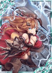 Rule 34 | 1girl, akkijin, armor, axe, bare shoulders, blue eyes, bolt (hardware), breasts, brown hair, card (medium), castle, dress, hair ornament, holding, holding weapon, large breasts, lightning, looking at viewer, official art, outdoors, red dress, shinkai no valkyrie, storm, storm cloud, thighhighs, weapon