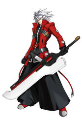 Rule 34 | 1boy, arc system works, belt, black pants, blazblue, blazblue: calamity trigger, boots, cable, frown, full body, gloves, green eyes, hakama, hakama pants, heterochromia, huge weapon, jacket, japanese clothes, male focus, mori toshimichi, official art, open clothes, open jacket, pants, ragna the bloodedge, red eyes, short hair, simple background, solo, spiked hair, standing, strap, sword, weapon, white background, white hair