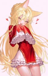 Rule 34 | 1girl, animal ears, blonde hair, blush, china dress, chinese clothes, dress, fangs, fox ears, frilled skirt, frilled sleeves, frills, fymrie, hair between eyes, highres, long hair, looking at viewer, open mouth, original, red dress, simple background, skirt, sleeves past wrists, smile, solo, yellow eyes