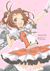 Rule 34 | 10s, 1girl, 2014, :d, antenna hair, blush, bow, breasts, brown eyes, brown hair, dated, double bun, frilled skirt, frills, gloves, kantai collection, midriff, naka (kancolle), navel, necktie, one eye closed, open mouth, outstretched arm, pink background, pointing, pointing forward, pureji oshou, skirt, small breasts, smile, solo, star (symbol), thighhighs, twitter username, white background, zettai ryouiki