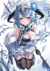 Rule 34 | 1girl, absurdres, akami770, aqua hair, bare shoulders, black thighhighs, blue flower, blush, breasts, cleavage, crystal tail, curled horns, dragon girl, dragon horns, dragon tail, flower, gauntlets, hair flower, hair ornament, headpiece, highres, holding, holding weapon, horns, large breasts, looking at viewer, parted lips, pointy ears, purple eyes, shadowverse, solo, tail, thighhighs, water, weapon, whitefrost dragonewt filene