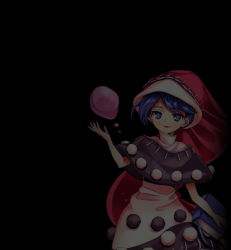 Rule 34 | antinomy of common flowers, black background, blue eyes, blue hair, dark, doremy sweet, harukawa moe, harukawa moe (style), official art, official style, pom pom (clothes), simple background, solo, standing, touhou
