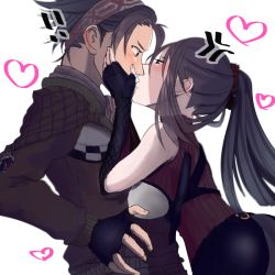 Rule 34 | 1boy, 1girl, anger vein, ass, black hair, blush, breasts, elbow gloves, eye contact, fingerless gloves, gloves, hair ornament, hair scrunchie, hairband, height difference, hetero, imminent kiss, kai schren, large breasts, long hair, looking at another, military, military uniform, muneate, ponytail, raz (valkyria), ribbed sweater, rinko (inco inco), scrunchie, senjou no valkyria (series), senjou no valkyria 4, short hair, spoilers, sweater, uniform