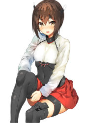 Rule 34 | 10s, 1girl, adjusting clothes, adjusting legwear, b-ginga, black thighhighs, breasts, brown eyes, brown hair, corset, covered navel, hair between eyes, headband, headgear, kantai collection, looking at viewer, miniskirt, open mouth, pleated skirt, red skirt, shirt, short hair, sitting, skirt, small breasts, solo, taihou (kancolle), thigh strap, thighhighs, thighs, white shirt