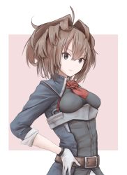 Rule 34 | 1girl, ascot, belt, breasts, brown belt, brown hair, flower, gloves, grey eyes, highres, kantai collection, long hair, messy hair, military, military uniform, miyasutou, red ascot, red flower, red rose, rose, sheffield (kancolle), small breasts, solo, uniform, upper body, white gloves