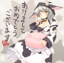 Rule 34 | 00s, 1girl, 2009, animal ears, animal print, bad id, bad pixiv id, bag, bell, blush, breasts, cleavage, cow ears, cow print, cowbell, grey hair, hood, horns, kito (sorahate), large breasts, milk, new year, one eye closed, pantyhose, short hair, solo, translation request, wink
