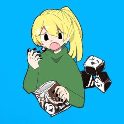 Rule 34 | 1girl, bag, black eyes, black nails, blonde hair, blue background, book, commentary request, fang, fingernails, green shirt, hair between eyes, holding, holding bag, long sleeves, nail polish, open book, outo eguchi, poniko, shirt, side ponytail, simple background, solo, uboa, yume nikki