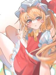 Rule 34 | 1girl, animal ears, ascot, blonde hair, cat ears, dress, flandre scarlet, highres, long hair, open mouth, pointy ears, red dress, red eyes, red nails, red ribbon, ribbon, sitting, solo, touhou, user ptvs3537, v, yellow ascot