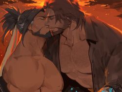 Rule 34 | 2boys, abs, bara, beard, brown hair, cassidy (overwatch), chest hair, dark-skinned male, dark skin, facial hair, from side, gomtang, hanzo (overwatch), jacket, kiss, large pectorals, male focus, mature male, multiple boys, muscular, muscular male, nipples, open clothes, open jacket, overwatch, overwatch 1, pectoral cleavage, pectorals, short hair, sunset, upper body, yaoi