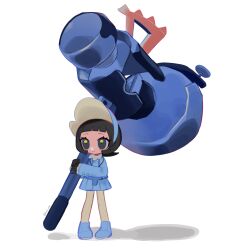 Rule 34 | 1girl, black eyes, black gloves, black hair, blue cardigan, blue footwear, blue skirt, blunt bangs, bonnet, cardigan, closed mouth, creatures (company), eyelashes, full body, game freak, gloves, hammer, highres, holding, holding hammer, holding weapon, htn nm, huge weapon, jewelry, key, key necklace, legs apart, long sleeves, miniskirt, necklace, nintendo, open cardigan, open clothes, pantyhose, pigeon-toed, pleated skirt, pokemon, pokemon sv, poppy (pokemon), shadow, short hair, simple background, skirt, smile, solo, standing, twitter username, weapon, white background, yellow pantyhose