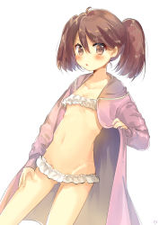 Rule 34 | 10s, 1girl, absurdres, blush, brown eyes, brown hair, cowboy shot, flat chest, frills, highres, kantai collection, long hair, microskirt, navel, no panties, robe, ryuujou (kancolle), skirt, solo, twintails, underwear, zuho, zuho (vega)