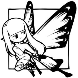 1girl airy_(bravely_default) bare_shoulders blunt_bangs bravely_default:_flying_fairy bravely_default_(series) butterfly_wings closed_mouth collarbone dress fairy full_body gloves insect_wings lineart long_hair looking_back monochrome name_omoitukan2 pointy_ears smile solo strapless strapless_dress thick_lineart wings