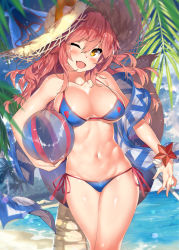 Rule 34 | 1girl, ;d, animal ear fluff, animal ears, ball, bare arms, bare shoulders, beachball, bikini, blue bikini, blurry, blurry foreground, blush, bracelet, breasts, cleavage, collarbone, cowboy shot, day, depth of field, ears visible through hair, fang, fate/grand order, fate (series), fox ears, fox tail, hat, head tilt, highres, jewelry, kawai (purplrpouni), large breasts, legs together, long hair, looking at viewer, navel, one eye closed, open mouth, orange eyes, outdoors, palm tree, pink hair, red ribbon, ribbon, shawl, shiny skin, side-tie bikini bottom, smile, solo, standing, starfish, stomach, straw hat, string bikini, sun hat, swimsuit, tail, tamamo (fate), tamamo no mae (fate/extra), tamamo no mae (swimsuit lancer) (fate), tamamo no mae (swimsuit lancer) (second ascension) (fate), thighs, tree