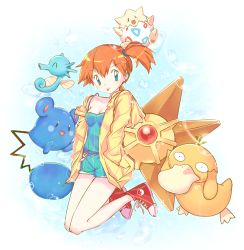 Rule 34 | 1girl, :p, azurill, bare legs, blue eyes, breasts, bubble background, cleavage, creatures (company), earrings, game freak, gen 1 pokemon, gen 2 pokemon, gen 3 pokemon, hands in pockets, hood, hoodie, horsea, jewelry, joypyonn, misty (pokemon), nintendo, off shoulder, open clothes, open hoodie, orange hair, pokemon, pokemon (anime), pokemon (classic anime), pokemon (creature), psyduck, shoes, short hair, shorts, side ponytail, small breasts, smile, sneakers, staryu, tank top, togepi, tongue, tongue out