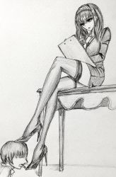 Rule 34 | 1boy, 1girl, blazer, breasts, business suit, cleavage, clipboard, femdom, foot on head, foot worship, formal, hair ornament, headband, high heels, jacket, licking foot, licking shoes, neri aisu, office lady, original, pencil skirt, shoe on head, short hair, simple background, sitting, sitting on table, sketch, skirt, suit, table, thighhighs, thighs, white background