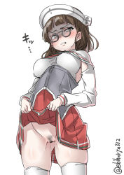 Rule 34 | 1girl, blush, breasts, brown eyes, brown hair, censored, clothes lift, cowboy shot, ebifurya, eyewear strap, female pubic hair, glasses, gluteal fold, groin, hat, highres, kantai collection, lifted by self, long hair, looking at viewer, medium breasts, no panties, pince-nez, pleated skirt, pubic hair, pussy, red skirt, roma (kancolle), shaded face, short hair, simple background, skirt, skirt lift, solo, thighhighs, twitter username, white background, white thighhighs