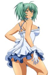 Rule 34 | 1girl, ass, blush, breasts, curvy, dark skin, dark-skinned female, dress, female focus, green hair, highres, ikkitousen, large breasts, long hair, looking at viewer, ryofu housen, smile, solo, twintails