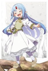 Rule 34 | 1girl, absurdres, blue hair, blush, collared dress, commentary request, commission, dress, closed eyes, forehead jewel, full body, gold trim, highres, loafers, long hair, open mouth, outdoors, outstretched arms, pointy ears, rance (series), rance quest, reset kalar, shoes, skeb commission, smile, solo, teeth, tree, upper teeth only, yukie (kusaka shi)