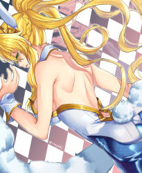 Rule 34 | 1girl, ahoge, animal ears, aona (anagasaki), artoria pendragon (all), artoria pendragon (fate), artoria pendragon (swimsuit ruler) (fate), ass, back, bare shoulders, blonde hair, blue pantyhose, braid, breasts, checkered background, detached collar, fake animal ears, fate/grand order, fate (series), feather boa, fishnet pantyhose, fishnets, french braid, green eyes, hair between eyes, highleg, highleg leotard, highres, large breasts, leotard, long hair, looking at viewer, looking back, pantyhose, parted lips, playboy bunny, ponytail, rabbit ears, rabbit tail, sidelocks, tail, tiara, white leotard, wrist cuffs