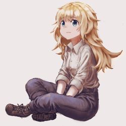 Rule 34 | 1girl, bad id, bad pixiv id, between legs, blonde hair, blue eyes, blue pants, boots, breasts, brown footwear, buttons, collared shirt, cross-laced footwear, dress shirt, full body, hand between legs, highres, indian style, lace-up boots, long hair, messy hair, nob1109, original, pants, shirt, sitting, sleeves past elbows, small breasts, solo, white shirt
