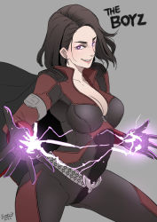 Rule 34 | 1girl, belt buckle, black cape, black gloves, breasts, brown hair, buckle, butcha-u, cape, cleavage, earrings, english text, evil grin, evil smile, eyebrows, gloves, glowing, glowing eyes, grin, highres, jewelry, lightning, lips, medium breasts, medium hair, smile, stormfront (the boys), superhero costume, the boys, the boys (television series), thighs, wavy hair