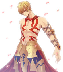 Rule 34 | 10s, 1boy, armor, blonde hair, chain, enkidu (weapon) (fate), fate/extra, fate/extra ccc, fate (series), gilgamesh (fate), male focus, petals, red eyes, topless male, sng, solo, tattoo