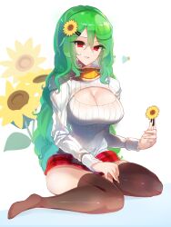 Rule 34 | 1girl, absurdres, adapted costume, black thighhighs, breasts, cleavage, commentary, flower, full body, green hair, hair flower, hair ornament, highres, holding, holding flower, kaliningradg, kazami yuuka, large breasts, long hair, looking at viewer, parted lips, red eyes, simple background, solo, sunflower, sweater, symbol-only commentary, thighhighs, touhou, white background, white sweater