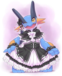 Rule 34 | 1girl, barefoot, blue skin, blush, capelet, clothed pokemon, colored sclera, colored skin, corset, creatures (company), curtsey, dress, female focus, flat chest, furry, furry female, game freak, gen 3 pokemon, gothic lolita, head tilt, highres, kame (3t), lolita fashion, multicolored skin, nintendo, one eye closed, pigeon-toed, pinky out, pokemon, pokemon (creature), ribbon, slit pupils, solo, standing, swampert, two-tone skin, white skin, wink, wristband, yellow eyes, yellow sclera