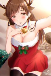 Rule 34 | 1girl, animal ears, antlers, arm up, artist name, bell, black thighhighs, blush, bow, breasts, brown eyes, brown hair, christmas, cleavage, commentary, covered navel, deer ears, dress, earrings, fake animal ears, fake antlers, fur collar, gen (enji), green bow, hand on own chest, highres, holly, horns, idolmaster, idolmaster cinderella girls, jewelry, long hair, looking at viewer, neck bell, nitta minami, open mouth, pleated dress, red dress, reindeer antlers, santa dress, selfie, short dress, signature, sitting, smile, solo, strapless, strapless dress, stud earrings, thighhighs