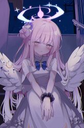 Rule 34 | 1girl, absurdres, blue archive, blush, dress, feathered wings, flower, hair bun, hair flower, hair ornament, halo, highres, karou (lhscck302), long hair, looking at viewer, mika (blue archive), pantyhose, parted lips, pink hair, pink halo, purple flower, single side bun, solo, white dress, white pantyhose, white wings, wings, yellow eyes