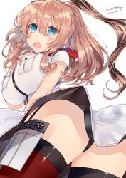 Rule 34 | 10s, 1girl, ass, bad id, bad twitter id, black panties, blue eyes, blush, breasts, brown hair, dress, from behind, hair between eyes, highres, kantai collection, kou mashiro, large breasts, leaning forward, long hair, looking at viewer, looking back, open mouth, panties, pantyshot, ponytail, red thighhighs, saratoga (kancolle), short sleeves, solo, standing, thighhighs, underwear, white dress