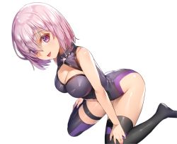 Rule 34 | 1girl, bare arms, bare shoulders, black leotard, black thighhighs, blurry, blush, breasts, cleavage, cleavage cutout, clothing cutout, depth of field, dutch angle, eyebrows, eyes visible through hair, fate/grand order, fate (series), hair over one eye, highres, large breasts, leotard, looking at viewer, mash kyrielight, nail polish, no shoes, open mouth, purple eyes, purple hair, purple nails, ruhee, shiny skin, short hair, simple background, sitting, solo, thighhighs, tongue, wariza, white background