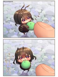 Rule 34 | 1girl, 1other, 2koma, ant girl, antennae, arrow (symbol), blush, brown dress, brown eyes, brown hair, chibi, comic, commentary, dress, food, fruit, gradient eyes, grapes, harumina mau, highres, holding, holding food, holding fruit, incoming food, looking at viewer, mini person, minigirl, multicolored eyes, open mouth, original, personification, pov, pov hands, short hair, smile, translated, twitter username