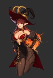 Rule 34 | 1girl, absurdres, blue eyes, choyeon, dress, dungeon and fighter, grey background, hand on own hip, hat, highres, long hair, pantyhose, pointy ears, red dress, red hair, solo, transcendent nornil, upper body, witch hat