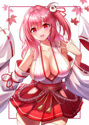 Rule 34 | 1girl, :d, autumn leaves, azur lane, bare shoulders, blush, breasts, cleavage, collarbone, cowboy shot, dead or alive, detached sleeves, hair ornament, hakama, hakama skirt, highres, hip vent, honoka (doa), japanese clothes, kimono, large breasts, leaf, long hair, long sleeves, looking at viewer, maple leaf, miko, one side up, open mouth, pink eyes, pink hair, red hakama, rothy (user cezn8425), simple background, skirt, smile, solo, star (symbol), tassel, teeth, thighhighs, upper teeth only, white background, white kimono, white thighhighs, wide sleeves, zettai ryouiki