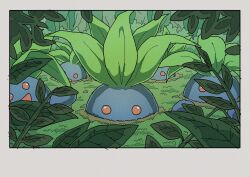 Rule 34 | blue skin, border, colored skin, creatures (company), game freak, gen 1 pokemon, grass, highres, leaf, looking at viewer, nintendo, no humans, oddish, onamuzi illust, open mouth, outdoors, partially buried, plant, pokemon, pokemon (creature), red eyes, white border