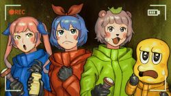Rule 34 | 1boy, 3girls, :&lt;, :3, :o, animal ears, animal nose, backrooms (creepypasta), battery indicator, black eyes, black gloves, blue bow, blue coat, blue hair, blush stickers, bob cut, bow, can, coat, commentary request, flashlight, frown, gloves, green coat, grey eyes, grey hair, hair bow, hairband, hands up, high collar, holding, holding can, holding flashlight, hood, hood down, hooded coat, leaf, leaf on head, long sleeves, mode aim, mukudori yodaka, multiple girls, multiple hair bows, omega rei, omega rio, omega sisters, open mouth, parka, peanuts-kun, pink hair, ponpoko (vtuber), raccoon ears, raccoon girl, recording, red bow, red coat, red hairband, ringlets, short hair, siblings, sisters, sweatdrop, tearing up, twintails, upper body, v-shaped eyebrows, viewfinder, virtual youtuber, yellow coat