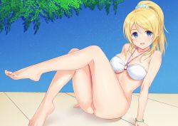 Rule 34 | 1girl, :d, absurdres, arm support, ayase eli, bare arms, bare legs, bare shoulders, barefoot, bikini, bikini top only, blonde hair, blue background, blue eyes, blue nails, blue scrunchie, blush, bottomless, bracelet, breasts, cleft of venus, feet, hair between eyes, hair ornament, hair scrunchie, high ponytail, highres, jewelry, leg up, legs, long hair, love live!, love live! school idol festival, love live! school idol project, medium breasts, n.g., nail polish, open mouth, ponytail, pussy, scrunchie, sitting, smile, solo, swimsuit, toenail polish, toenails, toes, uncensored, white bikini