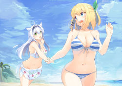 Rule 34 | 10s, 2girls, alternate costume, animal ears, beach, bikini, blonde hair, blue eyes, blurry, blush, bow, breasts, cleavage, commentary request, day, depth of field, floral print, forest, goruva, green bow, green eyes, groin, hair bow, hair ornament, hairband, hairclip, highres, large breasts, long hair, looking at another, medium breasts, midriff, multiple girls, nature, navel, ocean, open mouth, outdoors, palm tree, rokudenashi majutsu koushi to akashic record, rumia tingel, running, sarong, short hair, silver hair, sistine fibel, sky, stomach, striped bikini, striped clothes, swimsuit, thigh gap, thighs, tree, white bikini