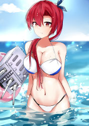 Rule 34 | 1girl, absurdres, alternate costume, azur lane, blush, breasts, cleavage, cola (884625), commentary request, female focus, hair between eyes, highres, innertube, large breasts, long hair, ponytail, red eyes, red hair, rigging, solo, swim ring, swimsuit, water, wichita (azur lane)