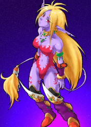 Rule 34 | 1girl, animal ears, bare shoulders, blonde hair, blue skin, boots, breasts, breath of fire, breath of fire ii, capcom, colored skin, full body, furry, furry female, no panties, no pants, pointy ears, red eyes, rinpoo chuan, short hair, simple background, solo, tail, tare (hiden no tare)